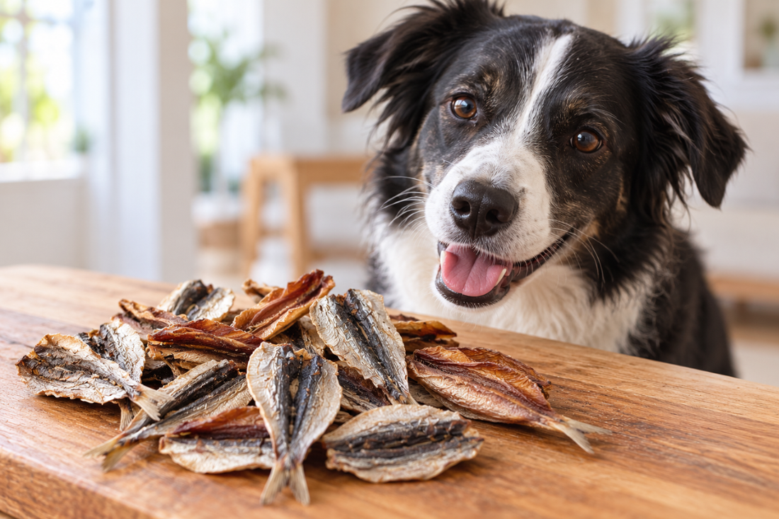 Black and white dog enjoying the sight of natural air-dried sardine dog treats from Barkn'licious