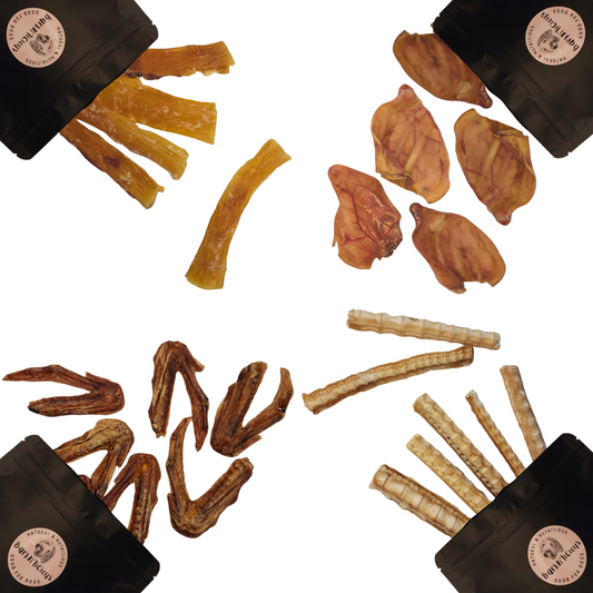 All natural healthy dog treats bundle dental chews with pig ears beef tendon duck wings and fish dental  chews